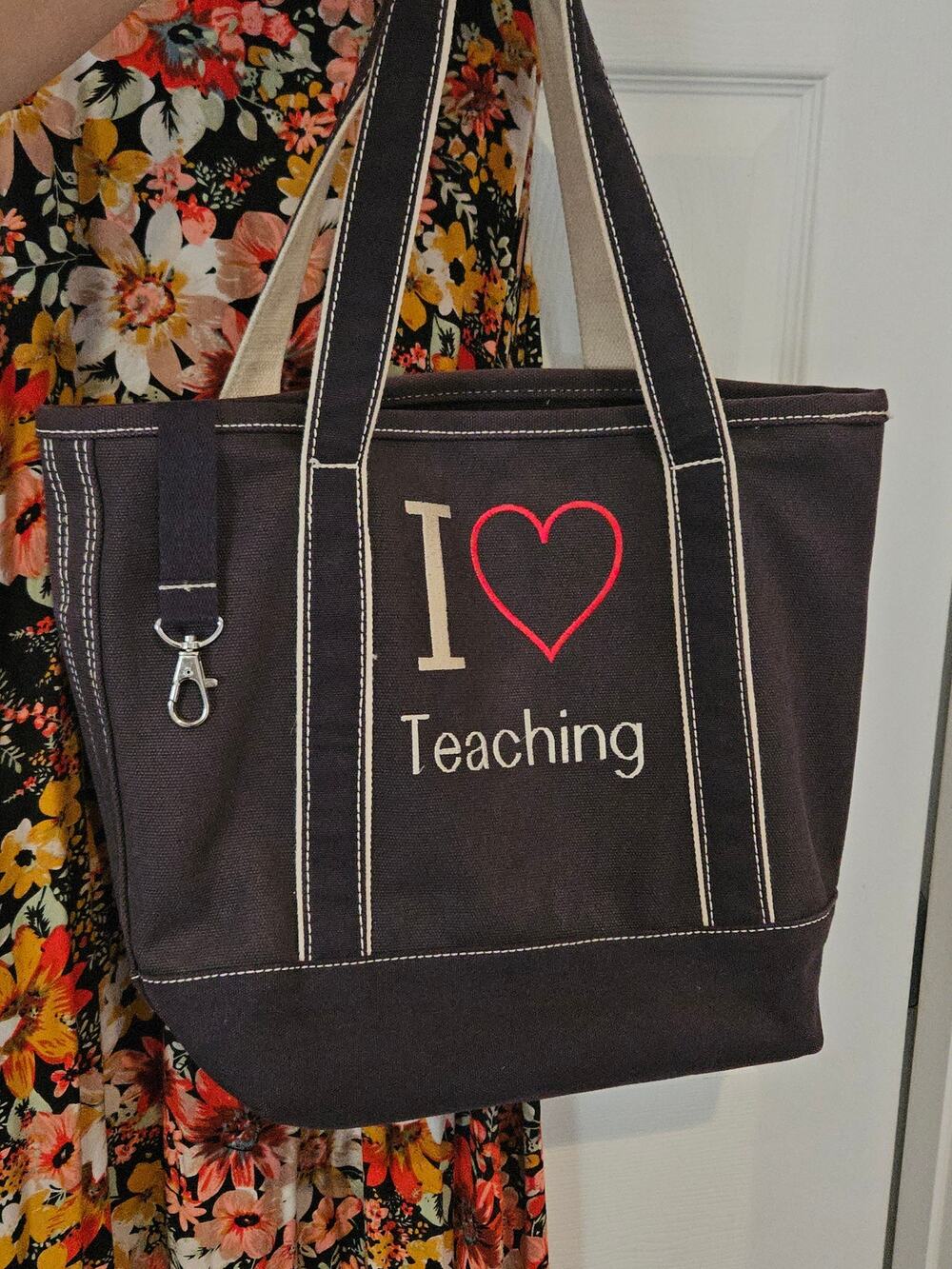 Lands End Medium 5 Pocket Open Top Canvas Tote Bag navy i love teaching teacher